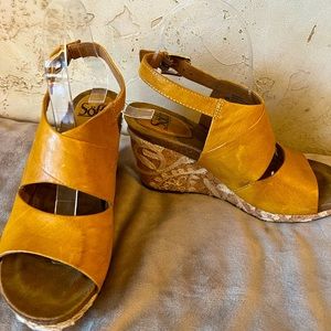 Mustard yellow wedge sandals